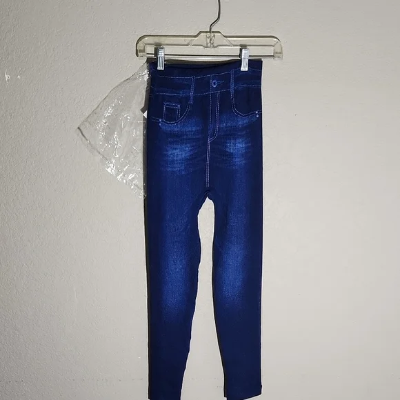 Womens Leggings Large Stretchy Blue Denim-Look Faux Pockets White Stitching - Picture 1 of 8